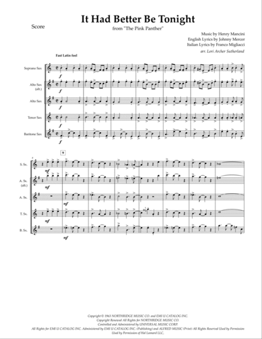 It Had Better Be Tonight Saxophone Quartet scores gallery preview page 2