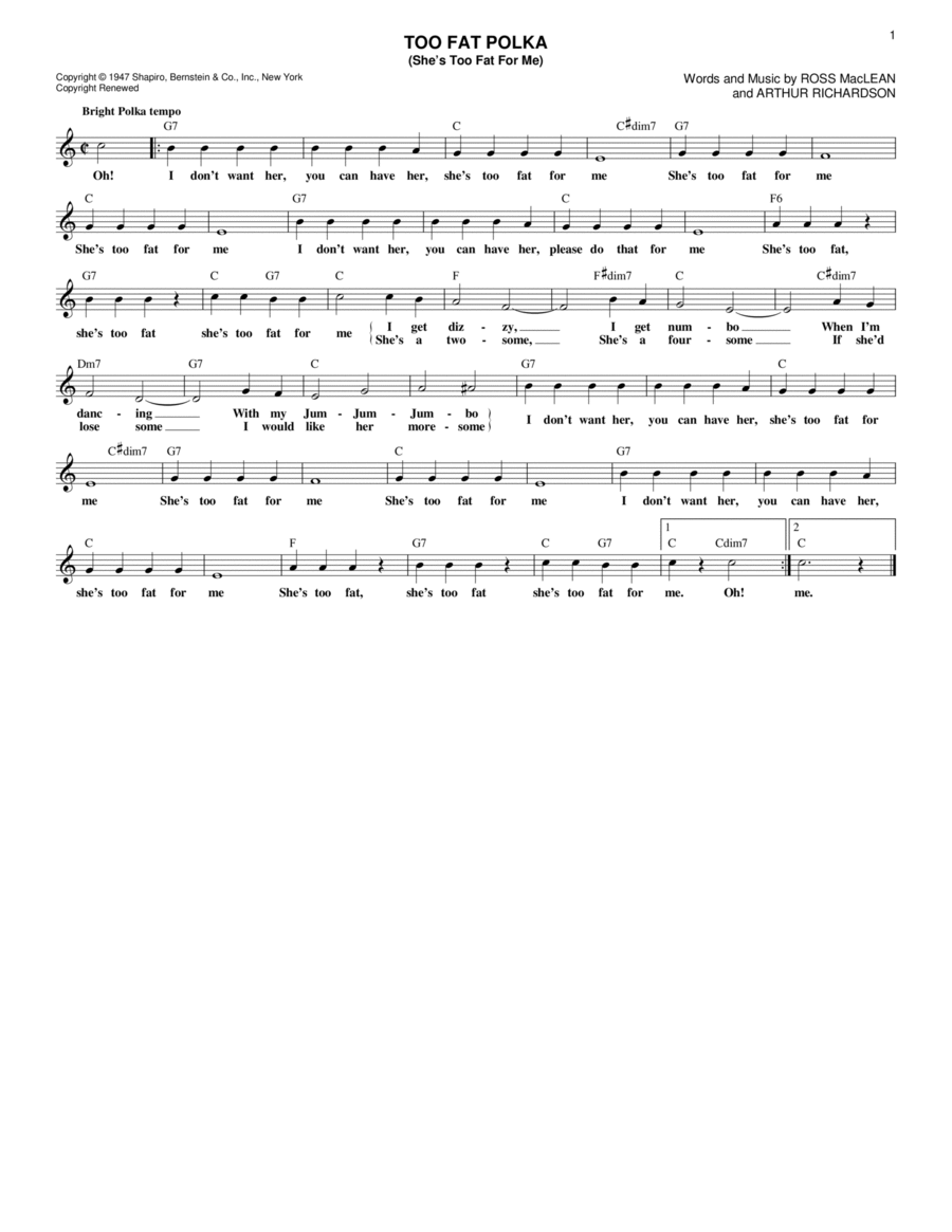 Too Fat Polka (She's Too Fat For Me) Guitar scores gallery preview page 1