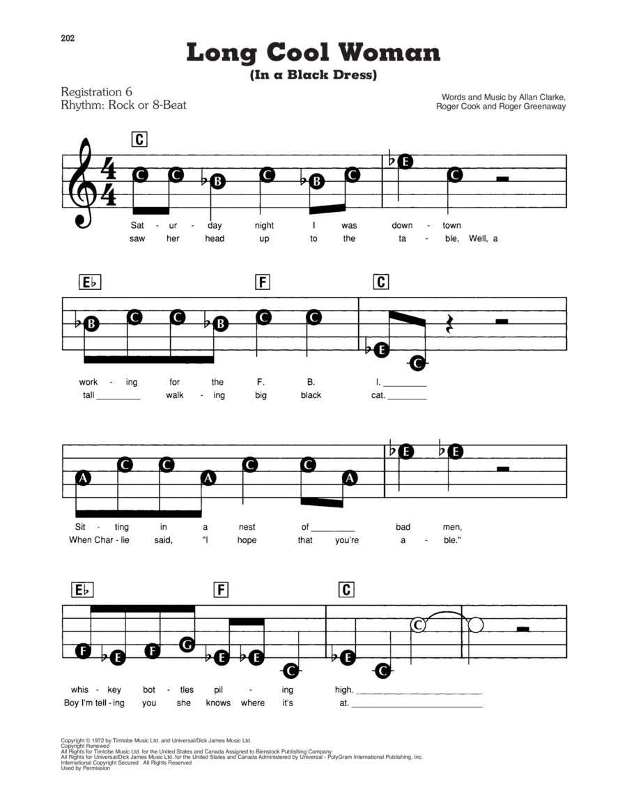 Long Cool Woman (In A Black Dress) Electronic Keyboard scores gallery preview page 1