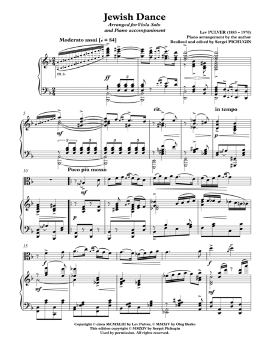 PULVER Lev: Jewish Dance for Viola Solo and Symphony Orchestra (Piano reduction + Viola Solo part) Piano scores gallery preview page 4