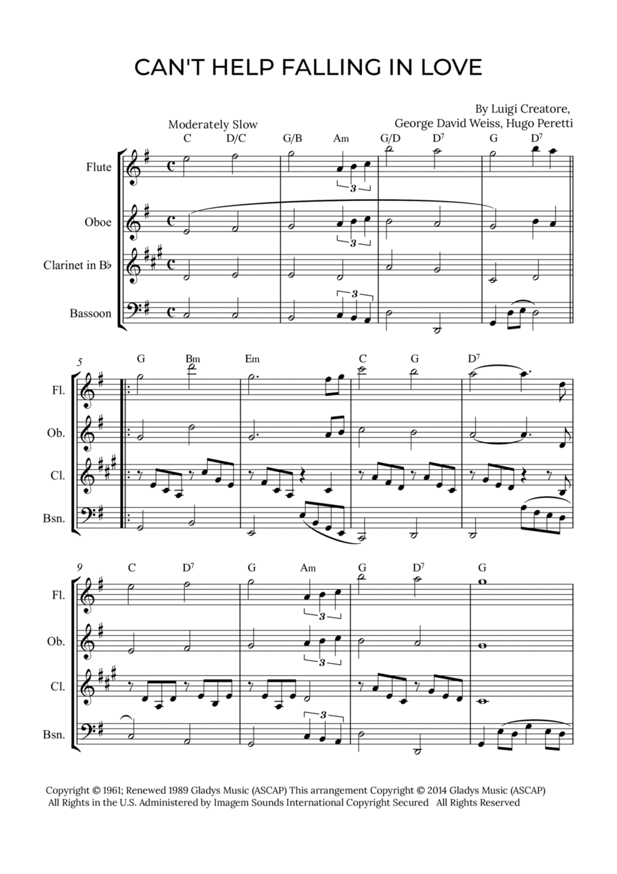 Can't Help Falling In Love Woodwind Quartet scores gallery preview page 1