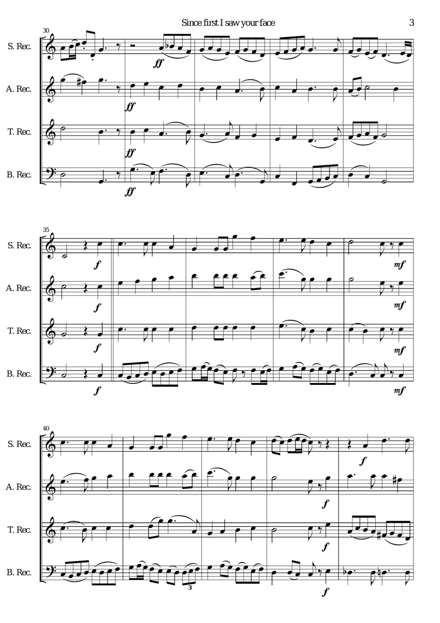 Since first I saw your face (with variations) for recorder quartet Soprano Recorder scores gallery preview page 3