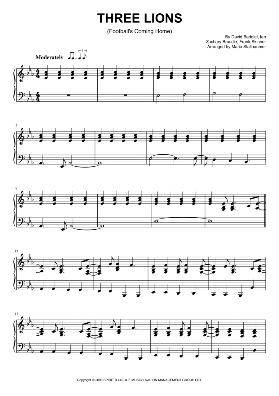 Three Lions Piano Solo scores gallery preview page 1