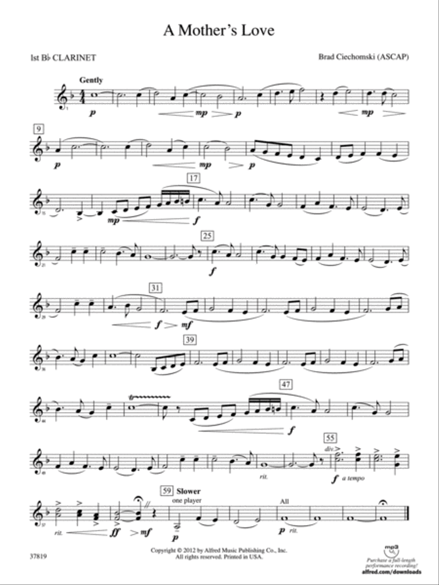 A Mother's Love: 1st B-flat Clarinet Concert Band scores gallery preview page 1