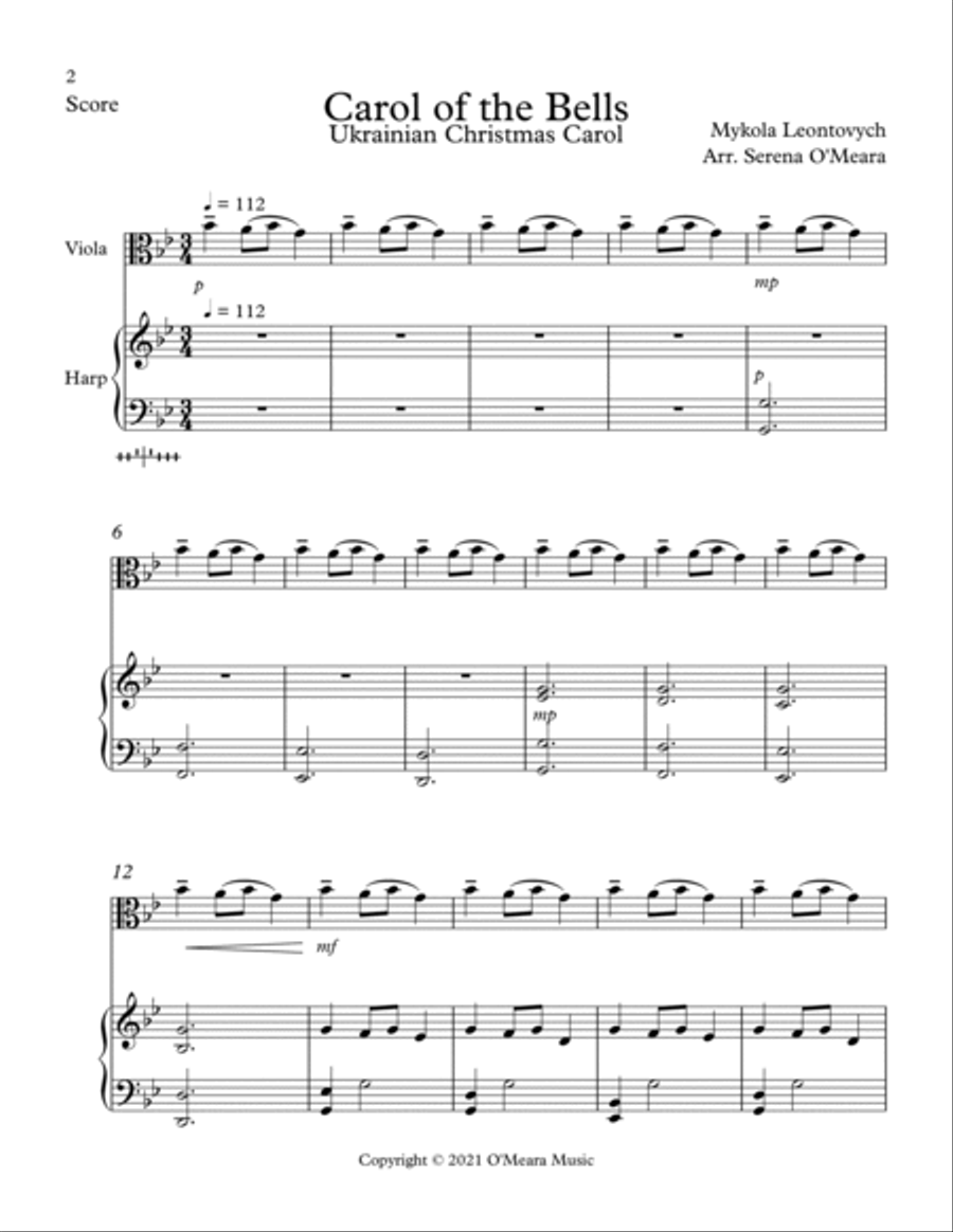 Carol of the Bells, Duet for Viola and Pedal Harp String Duet scores gallery preview page 2