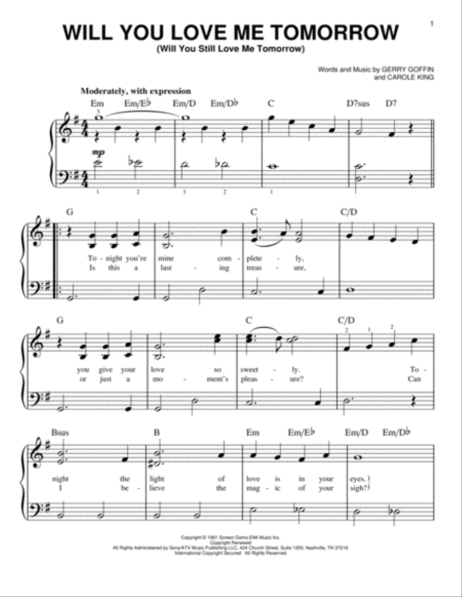 Will You Love Me Tomorrow (Will You Still Love Me Tomorrow) Easy Piano scores gallery preview page 1