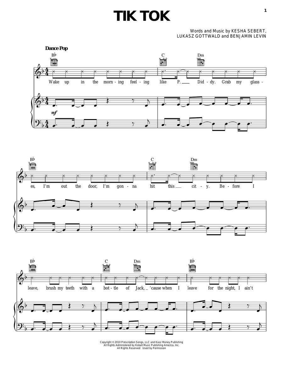 Tik Tok Piano, Vocal, Guitar scores gallery preview page 1