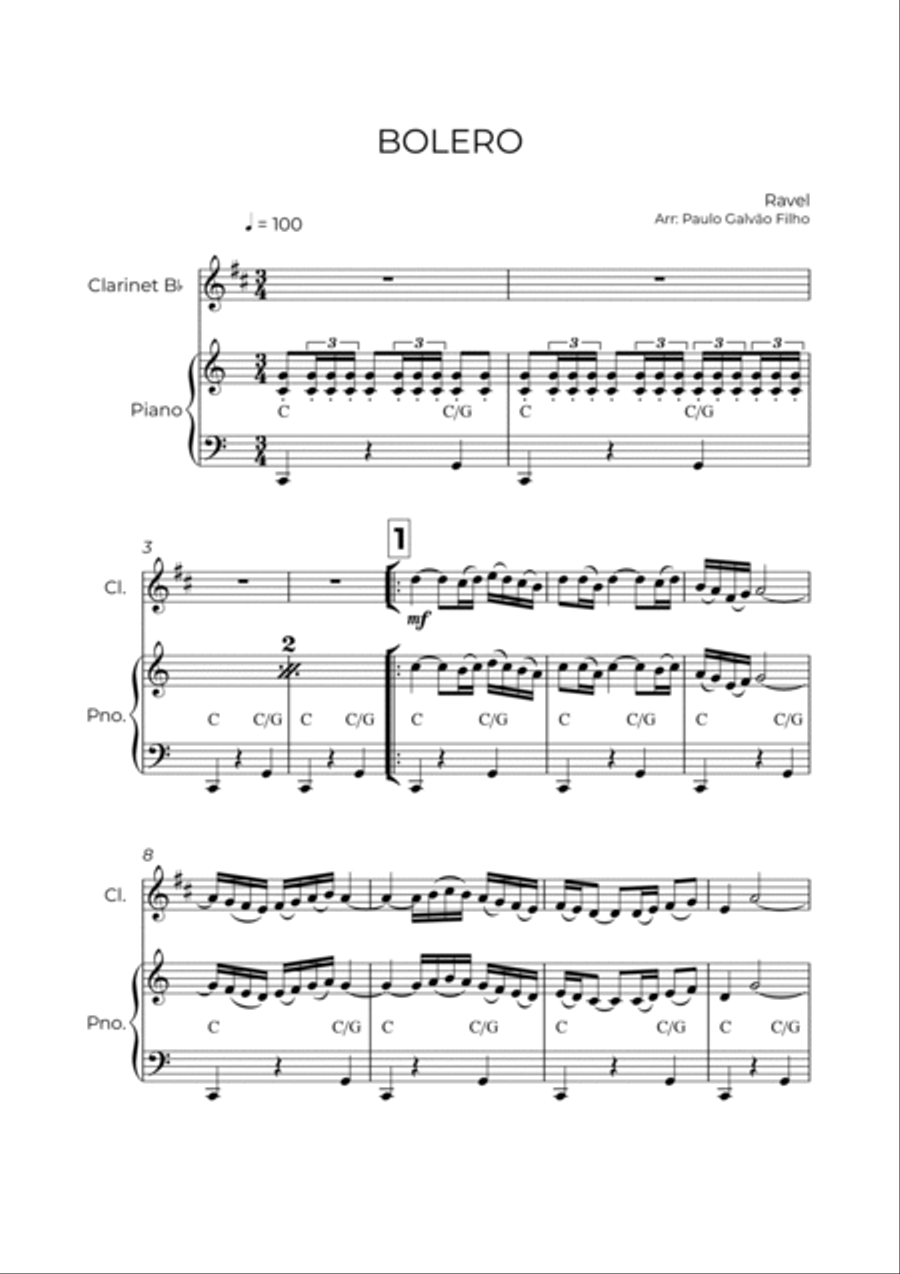 BOLERO - RAVEL - CLARINET & PIANO Clarinet Solo scores gallery preview page 2