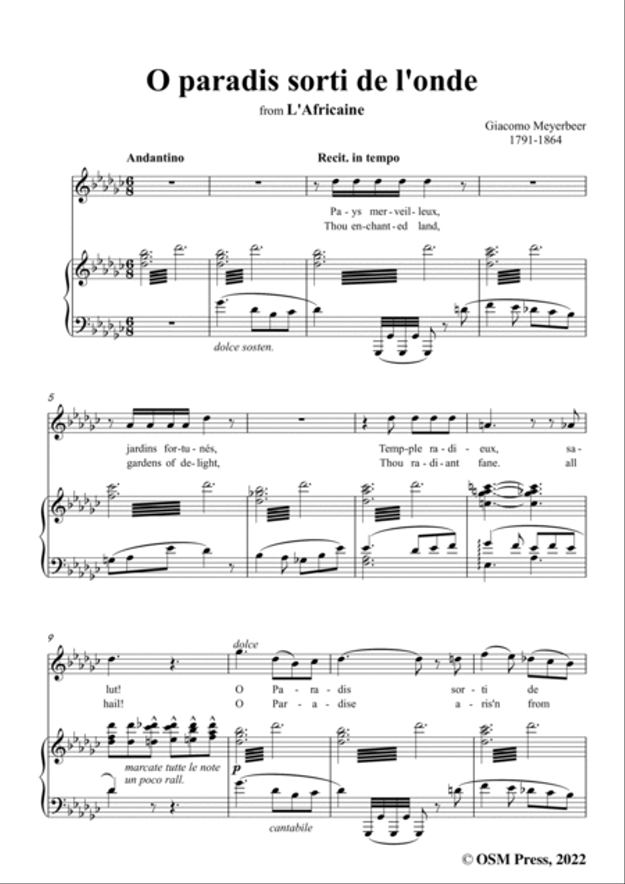 Meyerbeer-O paradis sorti de l'onde,in G flat Major,from L'Africaine,for Voice and Piano Voice Solo scores gallery preview page 3