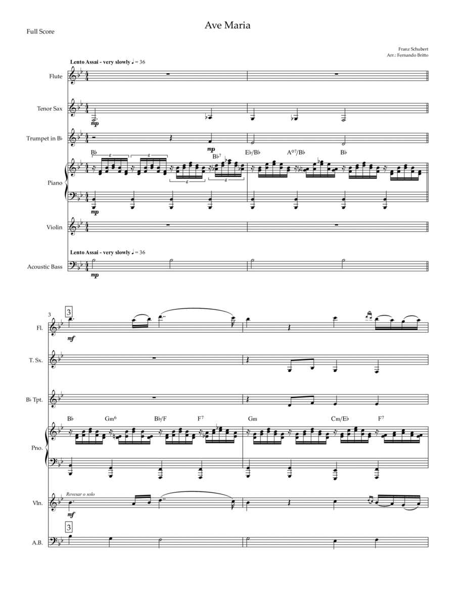 Ave Maria (Franz Schubert) for Flute, Tenor Sax, Trumpet, Violin, A. Bass and Piano with Chords Small Ensemble scores gallery preview page 1