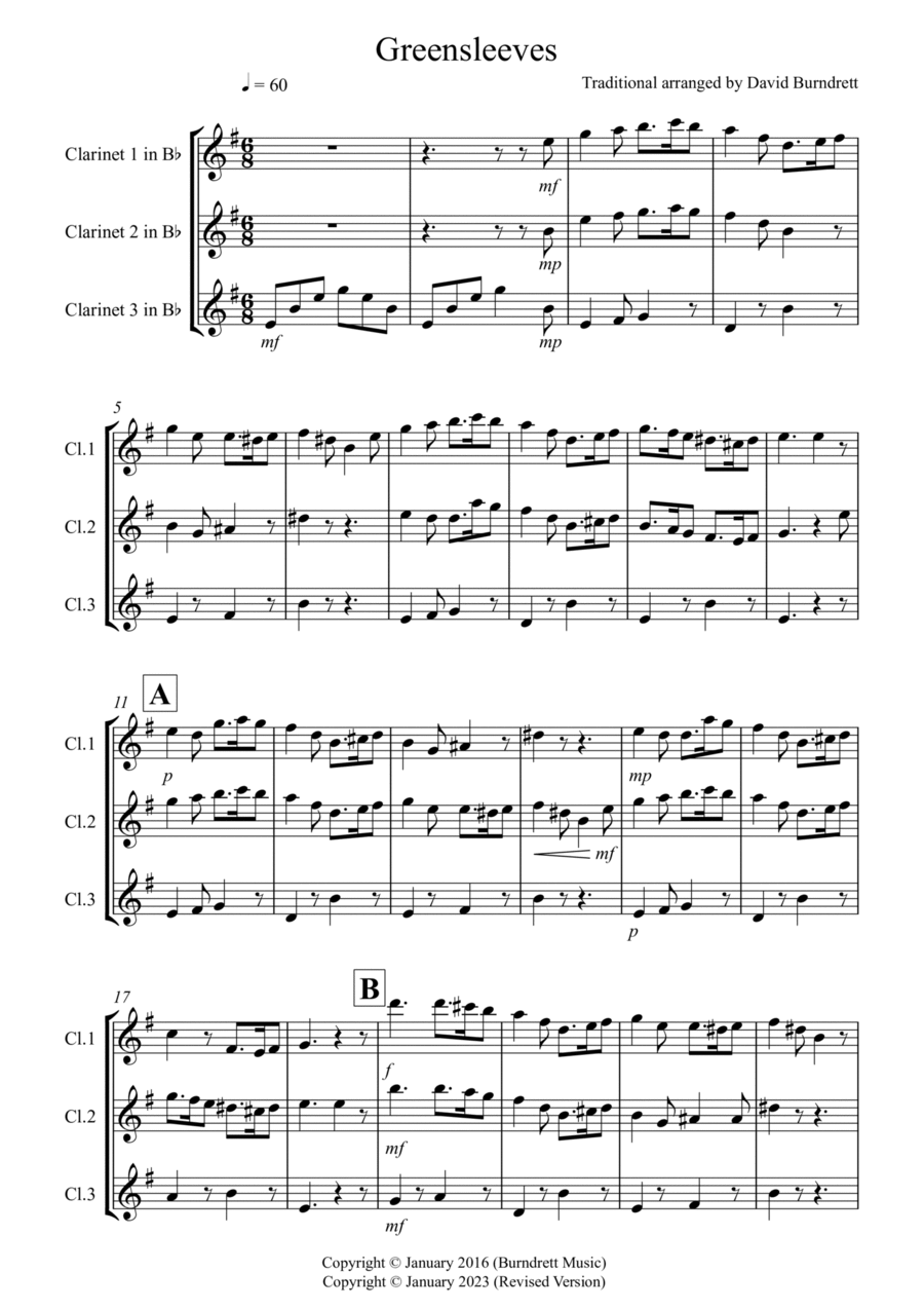Greensleeves for Clarinet Trio Clarinet Trio scores gallery preview page 1