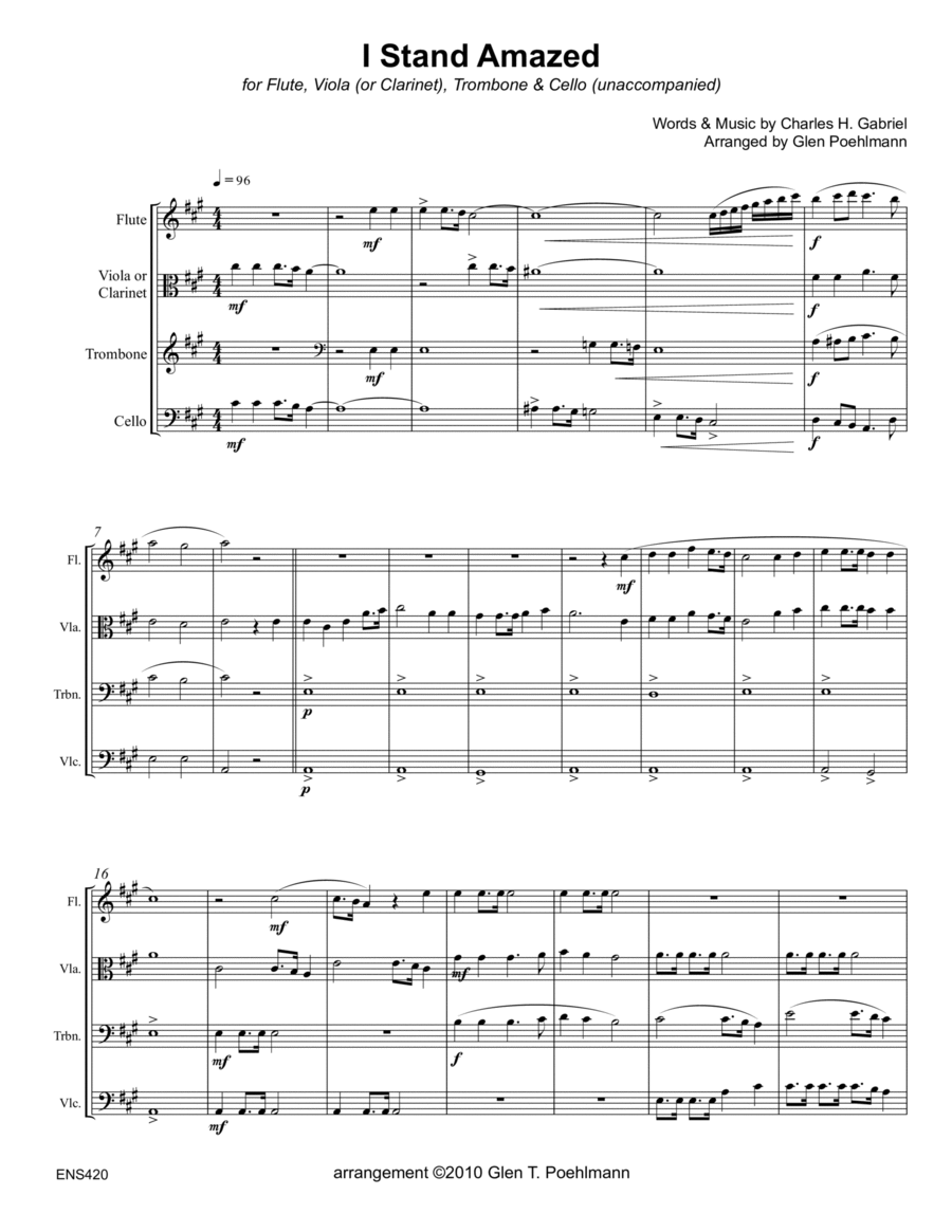 I STAND AMAZED (My Savior's Love) - Mixed Quartet of Flute, Viola (or Clarinet), Trombone & Cello (u Large Ensemble scores gallery preview page 1