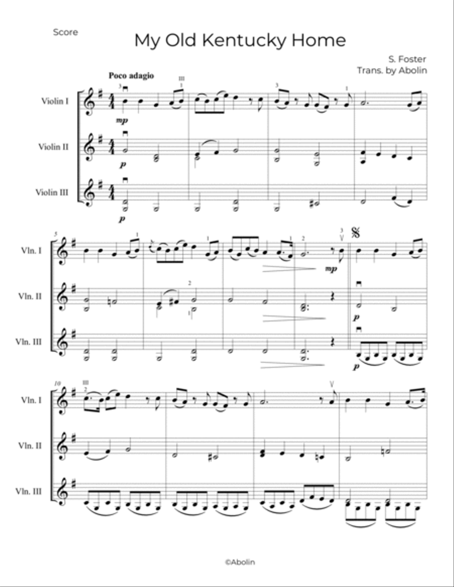 Foster: My Old Kentucky Home - Violin Trio