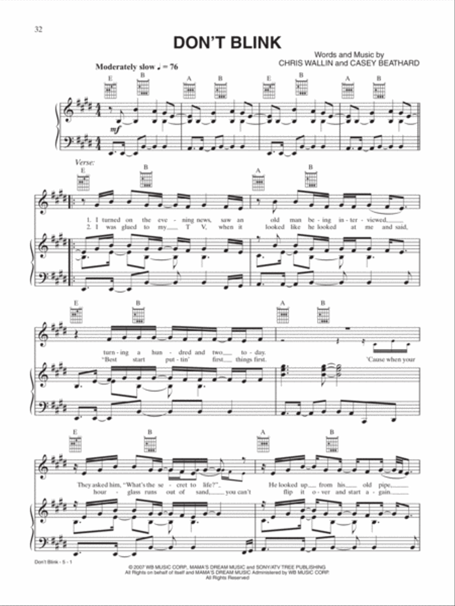 Don't Blink Piano, Vocal, Guitar scores gallery preview page 1