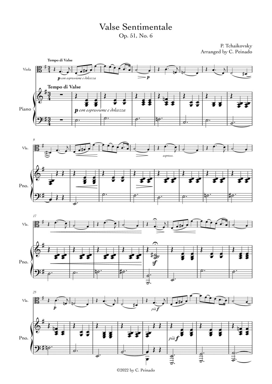 Valse Sentimentale Op.51, No. 6 (For Viola and Piano) Piano scores gallery preview page 1