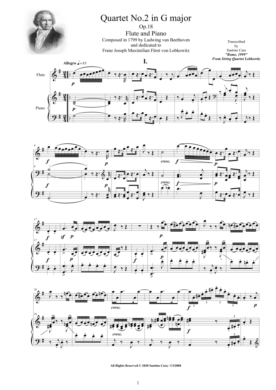 Beethoven - Quartet No.2 in G major Op.18 for Flute and Piano - Score and Part
