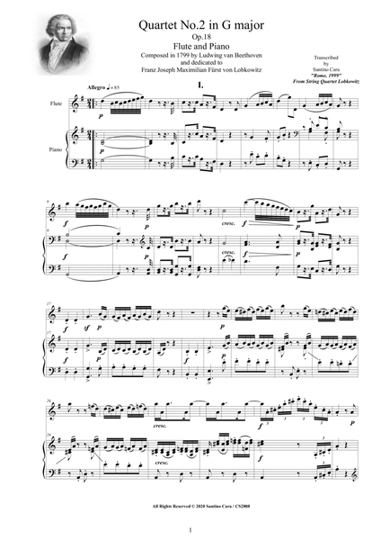 Beethoven - Quartet No.2 in G major Op.18 for Flute and Piano - Score and Part image number null