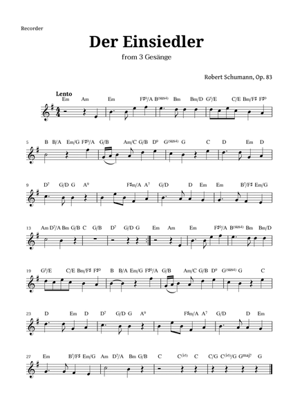 Der Einsiedler by Schumann for Recorder and Chords image number null