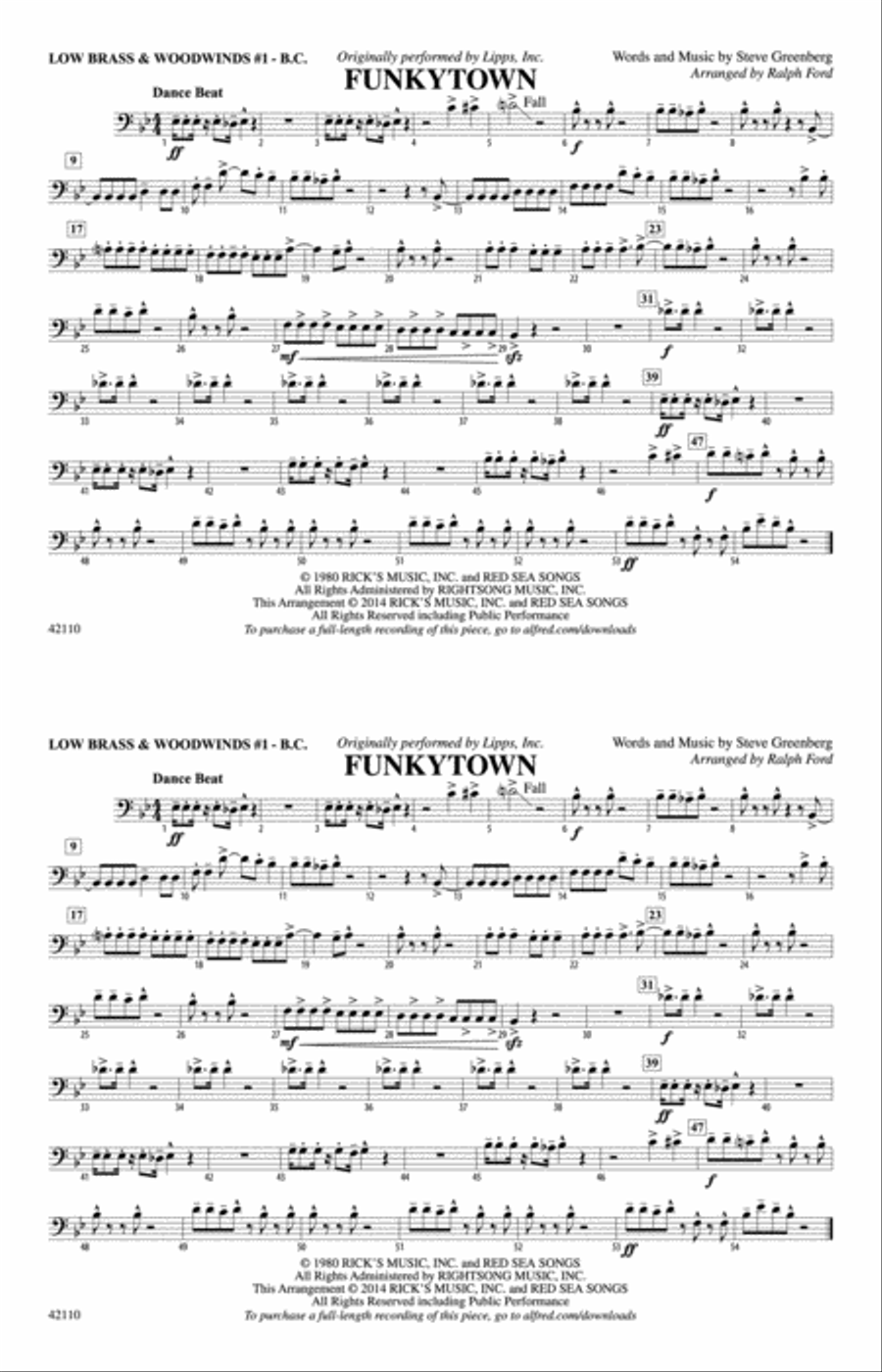Funkytown: Low Brass & Woodwinds #1 - Bass Clef Marching Band scores gallery preview page 1