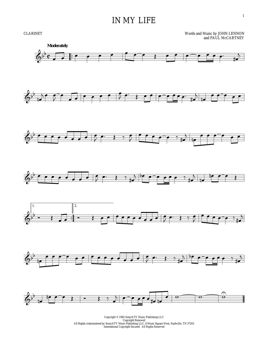 In My Life Clarinet Solo scores gallery preview page 1