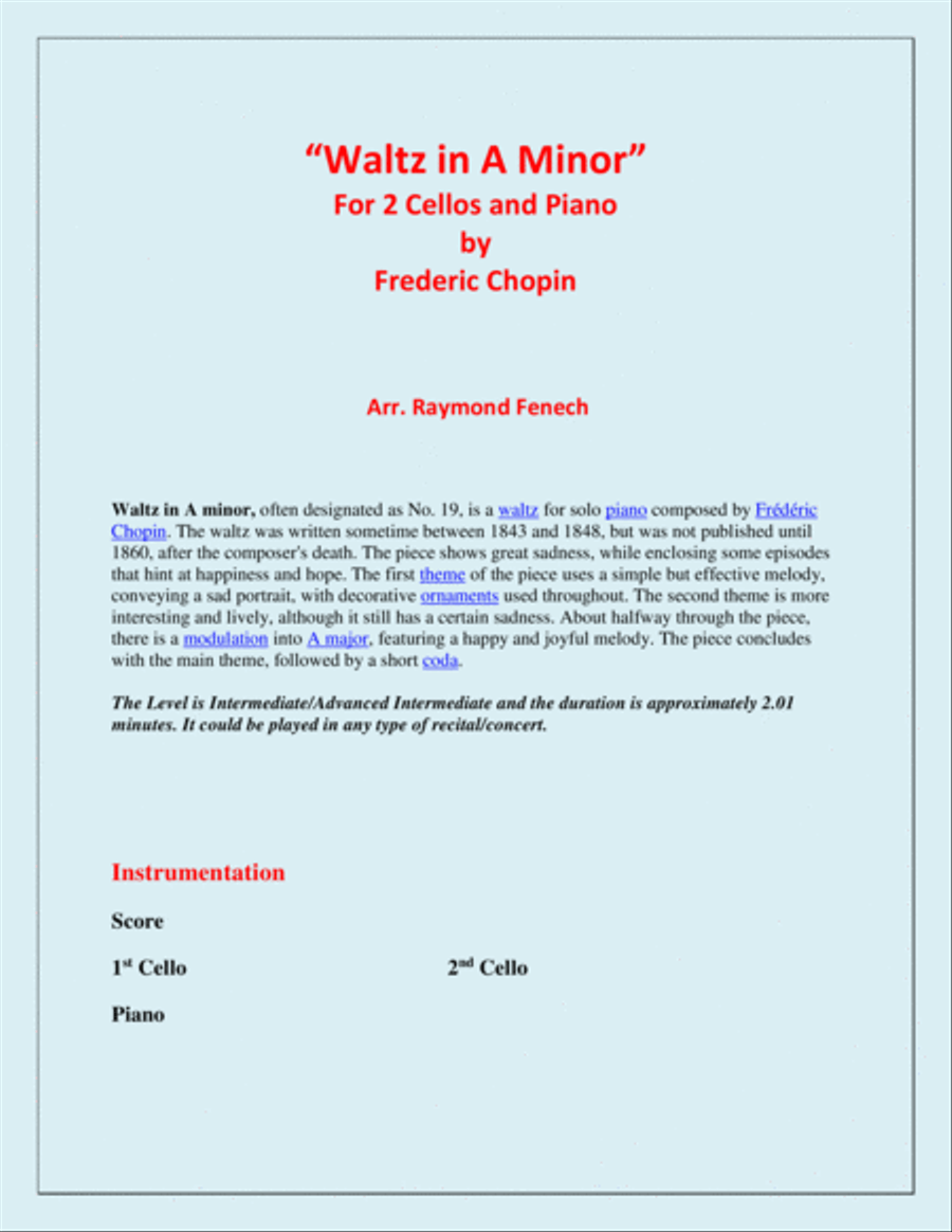 Waltz in A Minor (Chopin) - 2 Cellos and Piano - Chamber music String Duet scores gallery preview page 2
