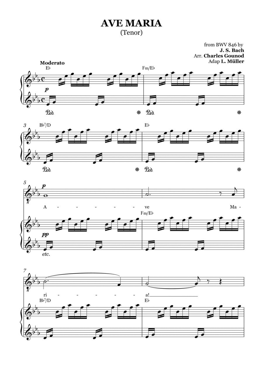 AVE MARIA - Bach/Gounod. For Soloist Tenor in E-flat Major with Piano Accompaniment Voice scores gallery preview page 1