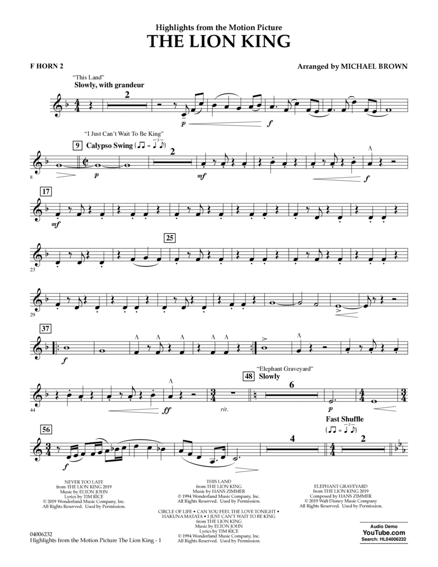 The Lion King (2019) (Highlights from the Motion Picture) - F Horn 2 Concert Band scores gallery preview page 1