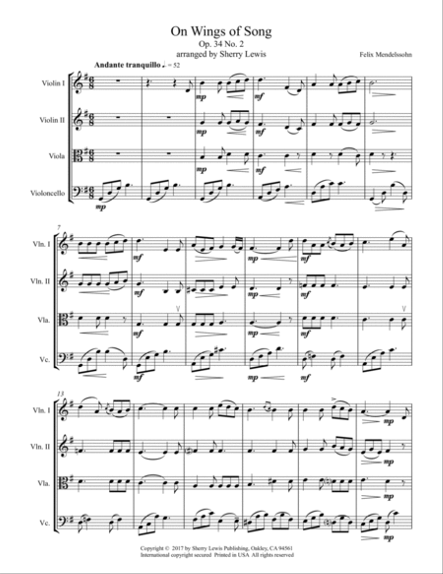 ON WINGS OF SONG, String Quartet, Intermediate Level for 2 violins, viola and cello String Quartet scores gallery preview page 4