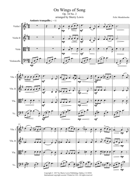 ON WINGS OF SONG, String Quartet, Intermediate Level for 2 violins, viola and cello image number null