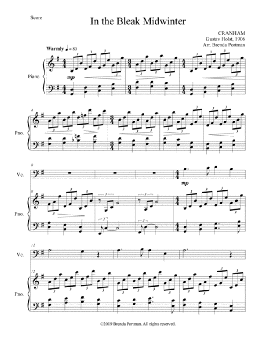 In the Bleak Midwinter (cello/piano), arr. Brenda Portman Piano scores gallery preview page 1