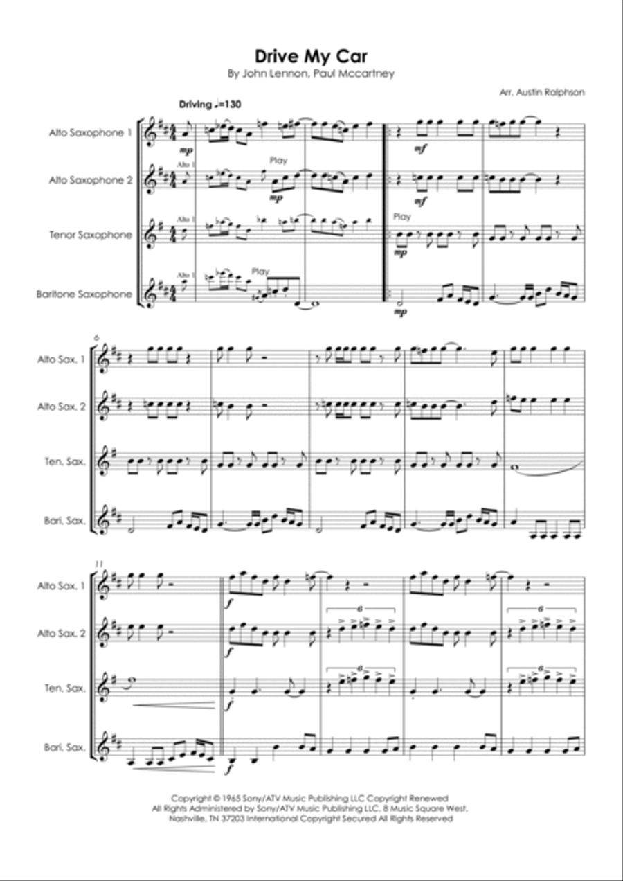 Drive My Car Saxophone Quartet scores gallery preview page 5