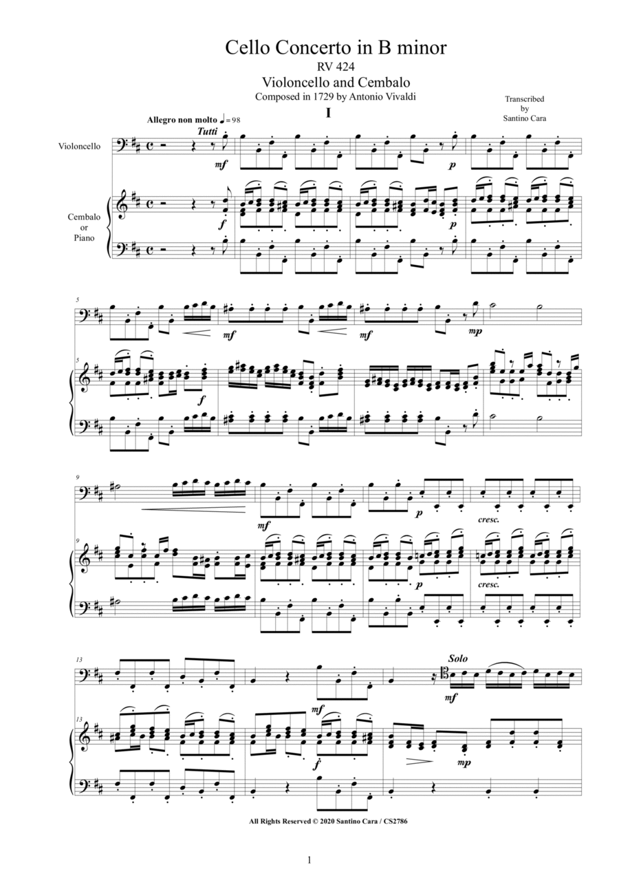 Vivaldi - Cello Concerto in B minor RV 424 for Cello and Cembalo (or Piano) String Duet scores gallery preview page 1