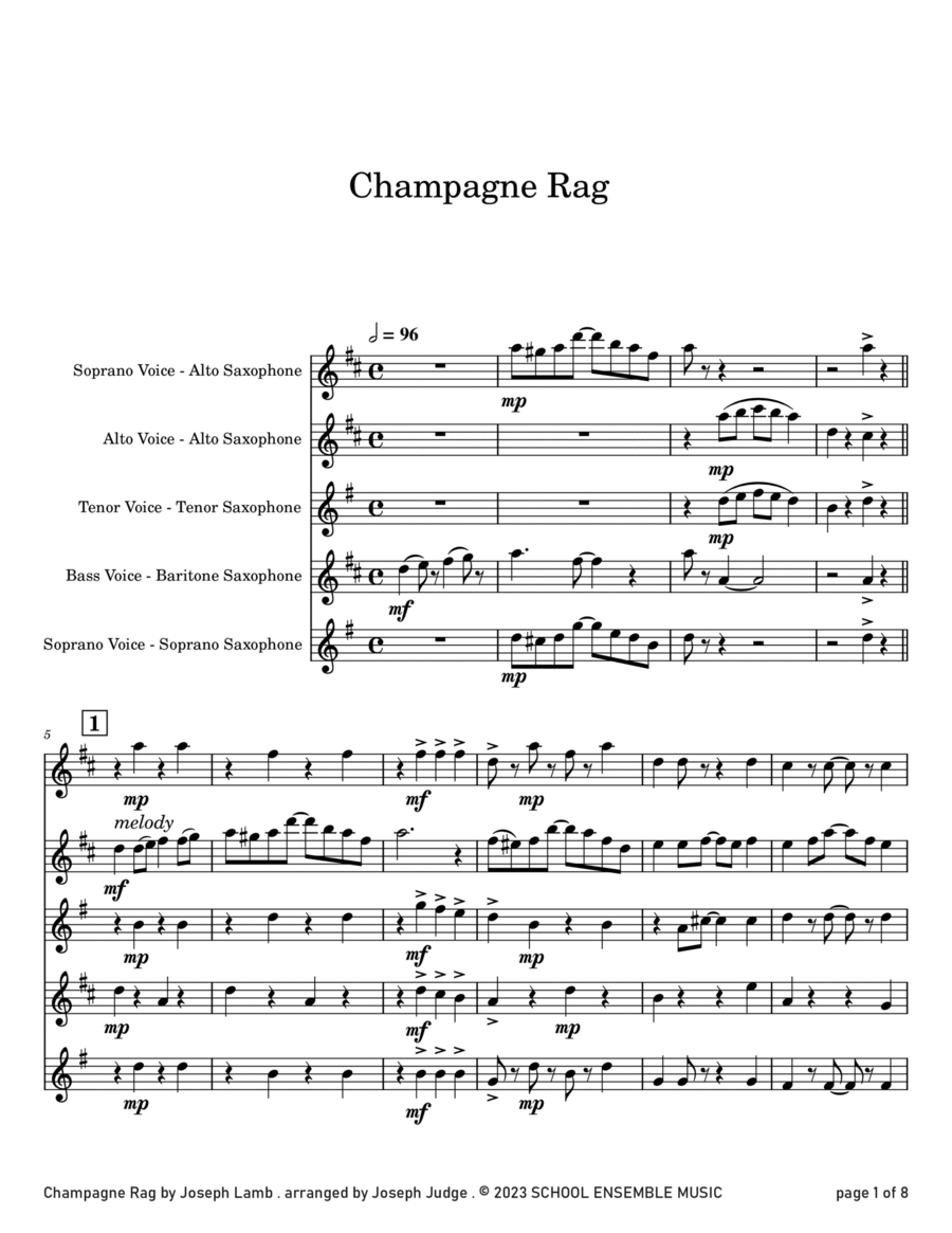 Champagne Rag by Joseph Lamb for Saxophone Quartet in Schools Saxophone Quartet scores gallery preview page 1