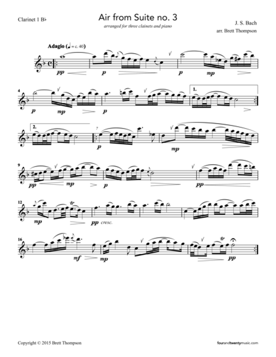 Air from Suite no 3, arranged for three clarinets and piano image number null