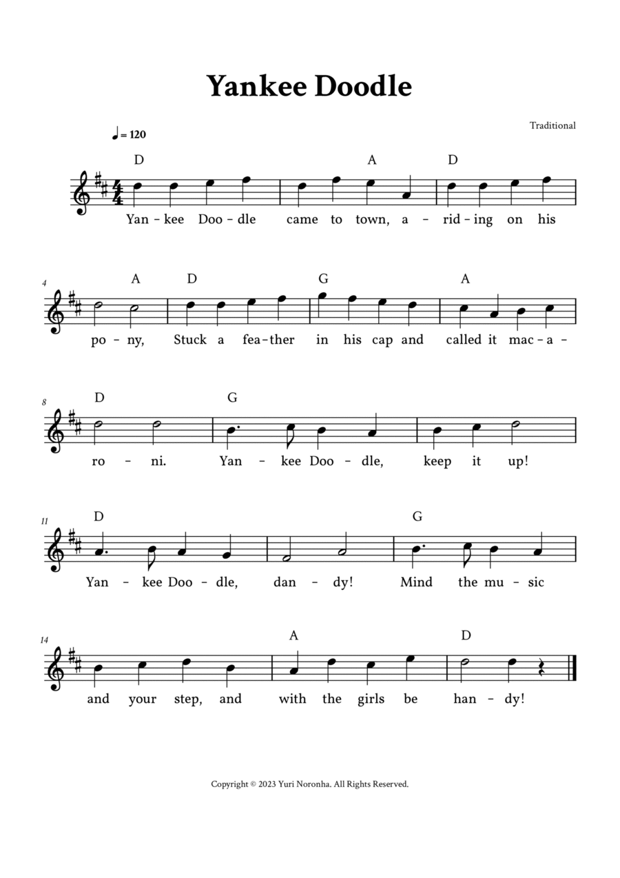 Yankee Doodle - Lead Sheet (D Major - Traditional) Easy Piano scores gallery preview page 1