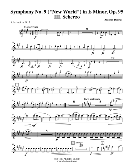 Dvorak Symphony No. 9, New World, Movement III - Clarinet in Bb 1 (Transposed Part), Op.95
