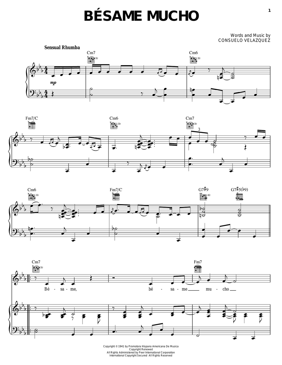 Besame Mucho (Kiss Me Much) Piano, Vocal, Guitar scores gallery preview page 1