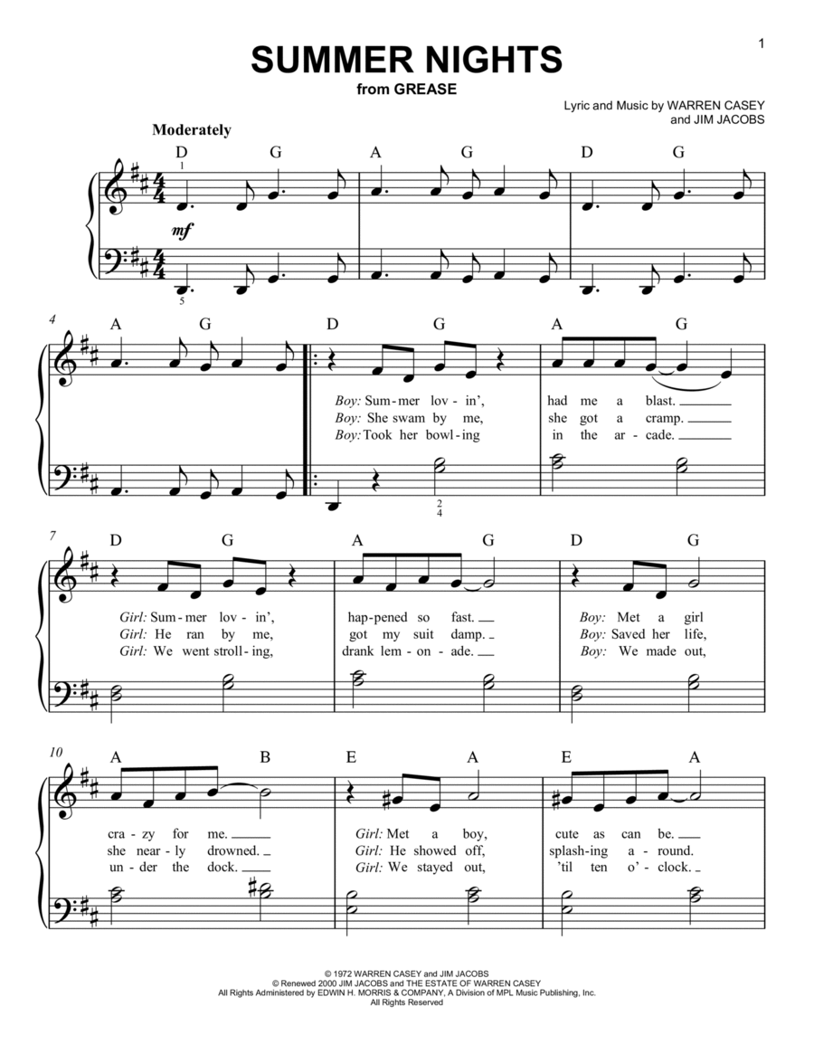 Summer Nights (from Grease) Easy Piano scores gallery preview page 1
