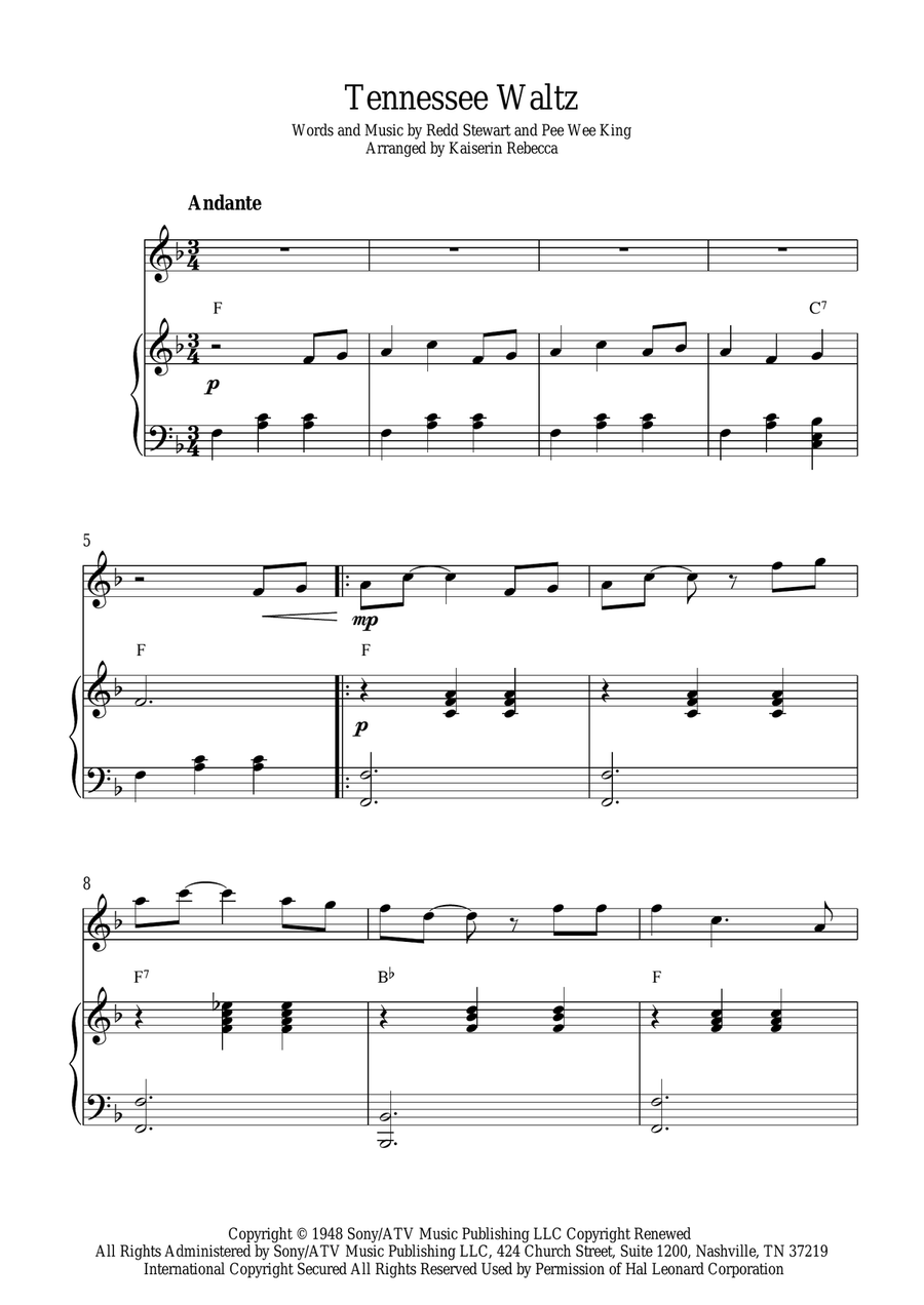 Tennessee Waltz by Pee Wee King Piano - Digital Sheet Music