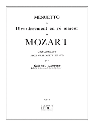 Book cover for Mozart Dupont Menuetto Du Divertissement In D Clarinet & Piano Book