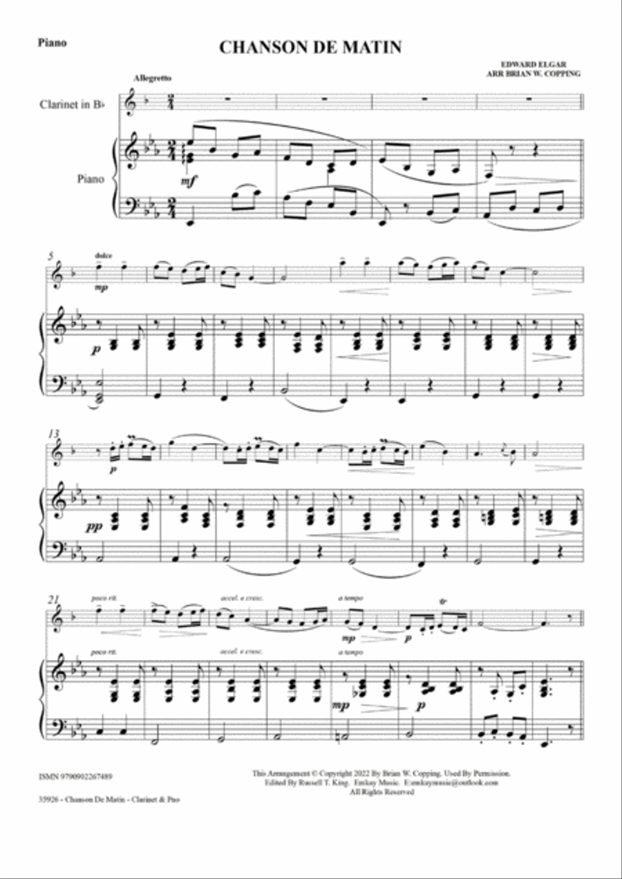CHANSON DE MATIN – CLARINET & PIANO B-Flat Clarinet scores gallery preview page 2