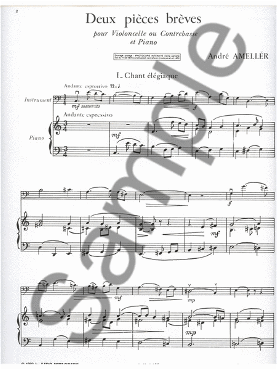Ameller 2 Pieces Breves Lm076 Cello Or Double Bass & Piano Book Cello scores gallery preview page 2