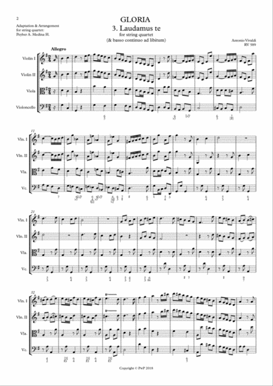 Vivaldi - RV 589, GLORIA - 3. Laudamus Te, for string quartet String Quartet scores gallery preview page 2