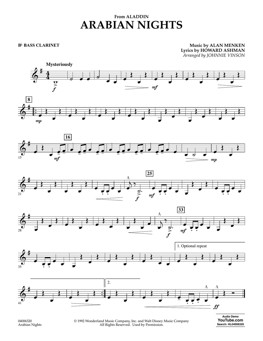Arabian Nights (from Disney's Aladdin) (arr. Johnnie Vinson) - Bb Bass Clarinet Concert Band scores gallery preview page 1