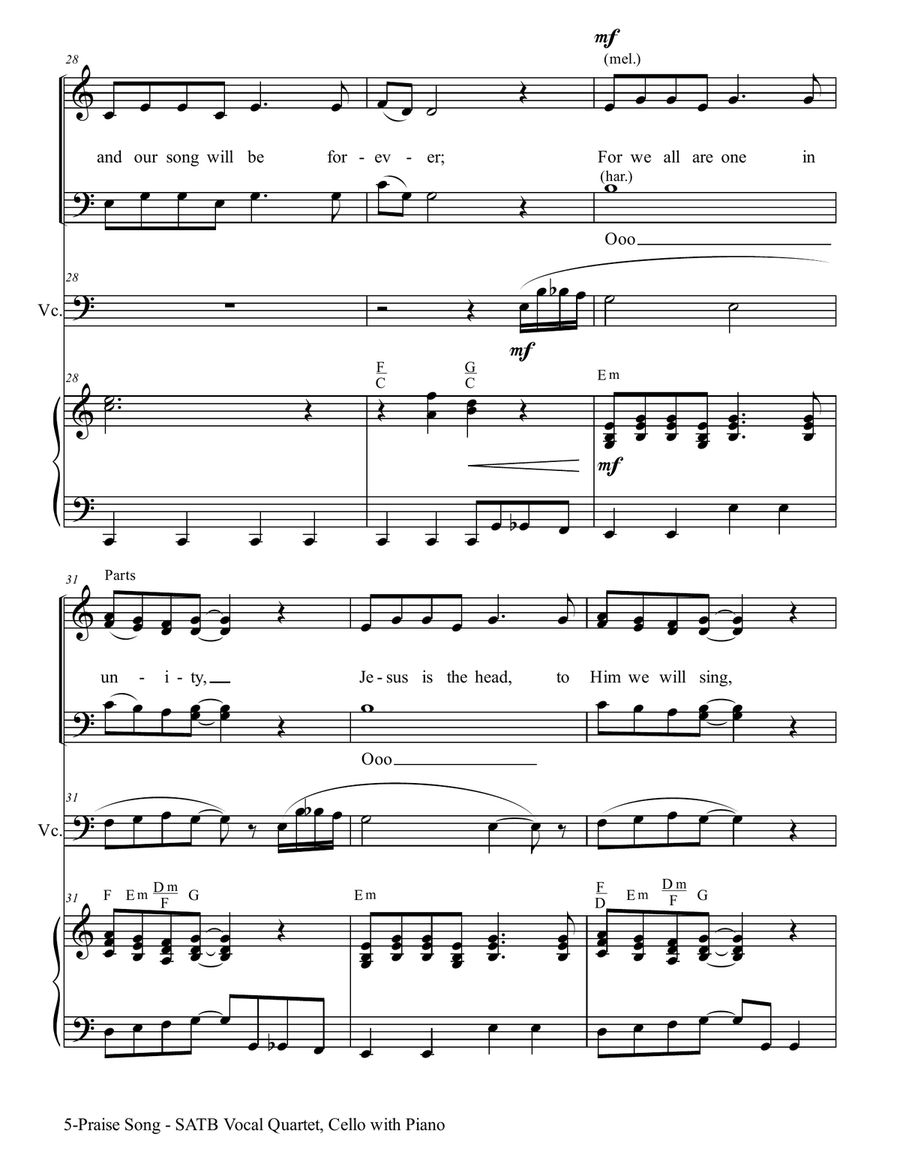 PRAISE SONG (SATB Vocal Quartet with Cello & Piano) 4-Part scores gallery preview page 6
