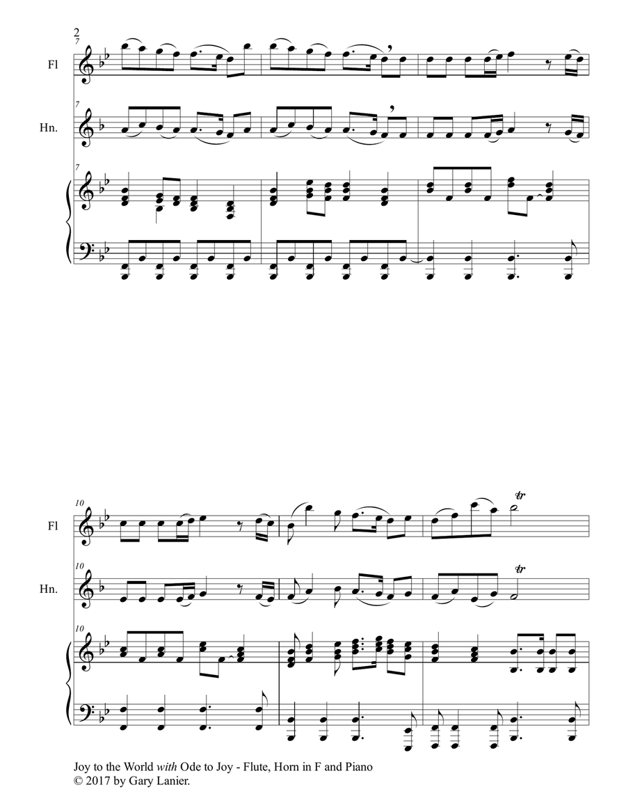 JOY TO THE WORLD with ODE TO JOY (Trio - Flute, Horn in F with Piano & Score/Part) Woodwind Duet scores gallery preview page 3
