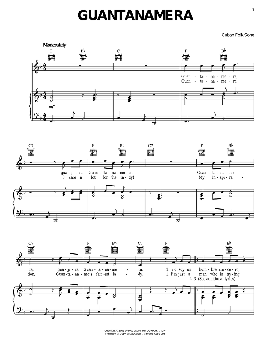Guantanamera Piano, Vocal, Guitar scores gallery preview page 1