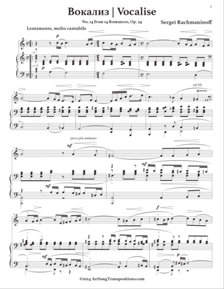 RACHMANINOFF: Vocalise, Op. 34 no. 14 (transposed to A minor) Voice scores gallery preview page 2