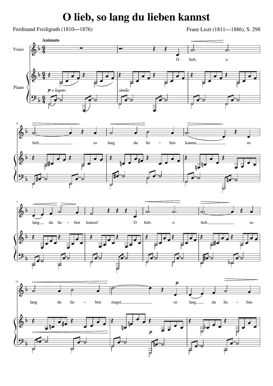 O lieb so lang du lieben kannst (Franz Liszt) [Medium High Voice; key: F] Piano, Vocal scores gallery preview page 1