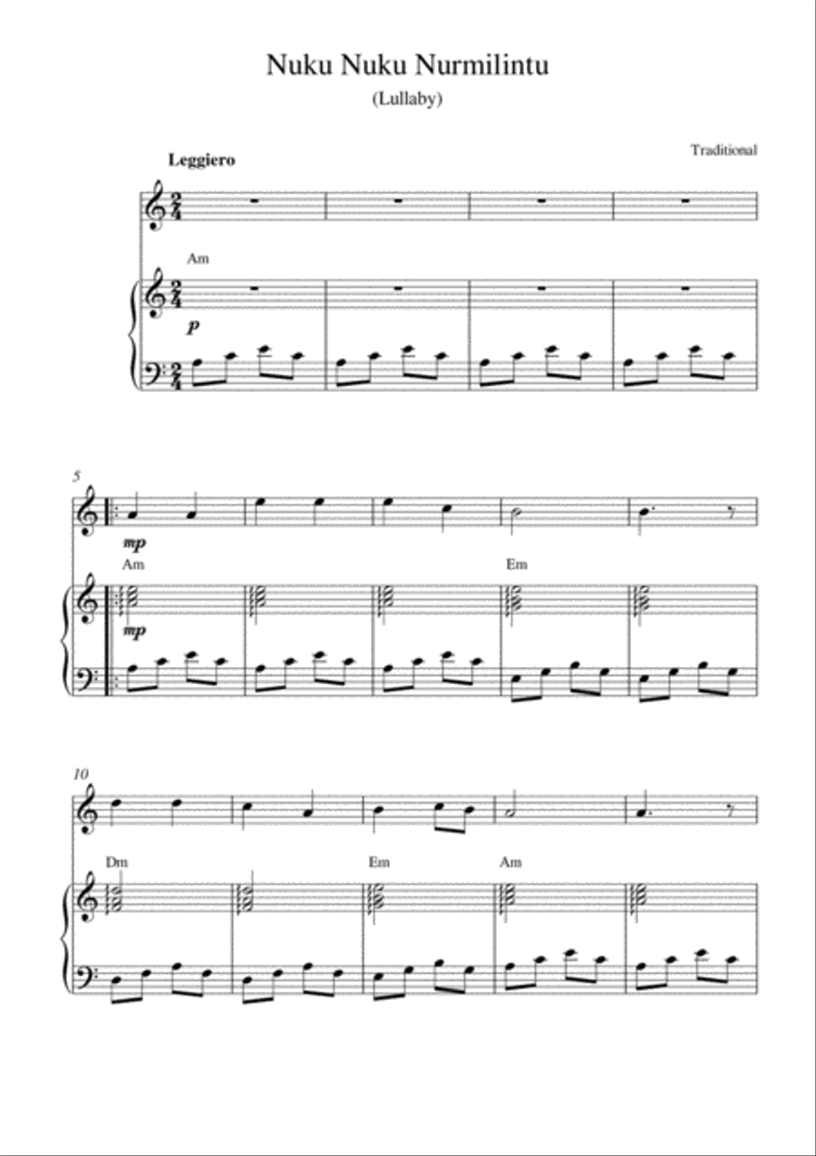Nuku Nuku Nurmilintu (Lullaby) Piano scores gallery preview page 1